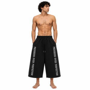 Drawstring Waist Oversize Knee Length <b>Shorts</b> <b>Men</b> Distressed Embroidery Fleece <b>Long</b> <b>Shorts</b> French Terry 450 GSM <b>Short</b> Sweatpants - Product Image 1