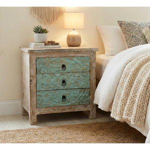 Hand Carved Solid Mango Wood Accent Cabinet 3 <b>Drawers</b> White Finish Farmhouse Style Nightstand for Home Office Hotel Bedroom - Product Image 1