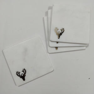 Juego de posavasos de piedra con incrustaciones de latón y cuernos de ciervo absorbentes, Base para bebidas, té, posavasos de mármol para bebidas con posavasos, Juego de 4 Uds. - Product Image 1