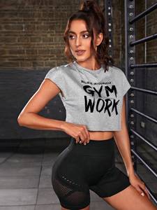 Wholesale Custom Logo Cap Sleeves Athletic Tshirt Women's Shirts Gym Work Graphic Print Crop <b>Top</b> Grey Sportswear Fit Outfit OEM - Product Image 3
