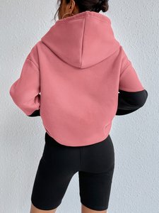 Wholesale Women's Pink Black Color <b>Block</b> Crossover Neck Hoodies Heavy Cotton Fleece Relaxed Fit Pullover Custom Logo Supplier - Product Image 2