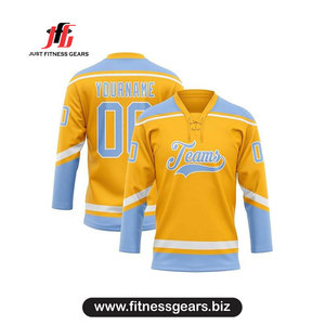 Maillot de hockey sur glace personnalisé jaune et bleu, col en V, manches trois quarts, uniforme d'équipe sublimé pour hommes - Product Image 1