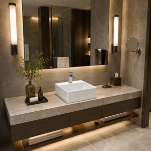 Lavabo de Cerámica Moderno Minimalista para Baño, Montado en el Suelo, Rectangular, Superficie Lisa, Blanco, 410x310x120mm, 5 Años de Garantía - Product Image 4