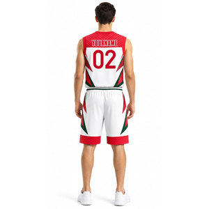 Conjunto de Uniforme de Baloncesto Sublimado Personalizado, Blanco, Rojo y Verde, Cuello en V, Sin Mangas, Absorbe la Humedad, Ajuste Atlético, Nombre del Equipo 02, Todas las Temporadas - Product Image 5