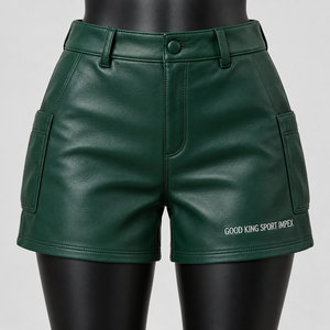 Custom Green PU <b>Leather</b> Cargo Shorts <b>Women</b>’s High Waist Faux <b>Leather</b> Utility Shorts Manufacturer Wholesale OEM ODM Private Label - Product Image 1