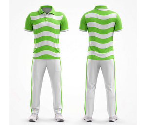 Uniforme de críquet para hombre, conjunto de camisa polo y pantalones sublimados con rayas verdes y blancas, ropa deportiva transpirable de poliéster para equipos y clubes. - Product Image 1