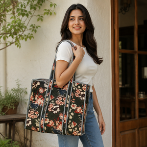 Floral <b>Quilted</b> Cotton Patchwork Zipper Closure Tote Bag Women's Classic Style Shopping Bag Striped Handles Large Capacity All - Product Image 2
