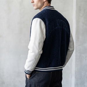 Men's Navy Fleece <b>Jacket</b> with <b>White</b> PU Sleeves Front Logo Casual Style Stand Collar Regular Fit Eco-Friendly Breathable Winter - Product Image 3