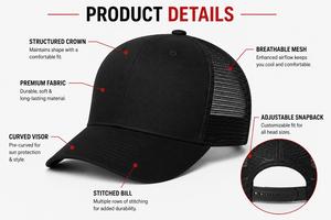 Premium Quality Black 6-Panel Trucker Cap Mesh Back Adjustable Unisex Casual <b>Hat</b> Spring <b>Summer</b> Adult Bulk Order Custom Colors - Product Image 4