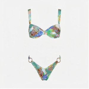 Conjunto de bikini de 2 piezas con estampado para mujer, con anillos y diseño hueco, top tipo bandeau y parte inferior tipo tanga - Product Image 1