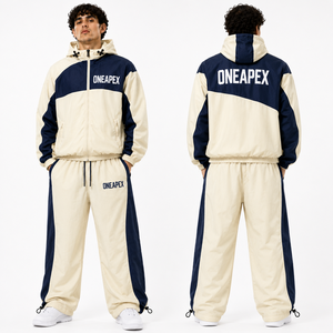 Custom <b>Navy</b> Blue Cream Color Block Hooded Tracksuit Set Windbreaker Jacket and Loose Fit <b>Jogger</b> Pants Streetwear - Product Image 5