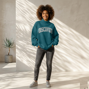 Sweat-shirt à col roulé oversize pour femme, bleu, en coton tricoté, épaules tombantes, imprimé lettres, style décontracté automne - Product Image 2