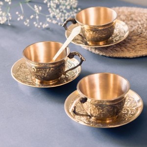 Vintage Brass Tea <b>Cup</b> and <b>Saucer</b> Set Carved Round Handmade Tea Service for Home Gift - Product Image 4