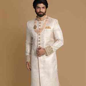ชุดเชอร์วานีสำหรับงานแต่งงานผู้ชายอินเดีย-ปากีสถาน ชุดเจ้าบ่าวหรูหราปักลาย ซัลวาร์ คามีซ สวมใส่สบาย ไม่ยับ ป้องกันแสงแดด - Product Image 6