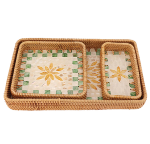 Plateau de service en rotin et nacre, lot de 3, artisanat très demandé, plateau de service en nacre et rotin, meilleure vente - Product Image 1