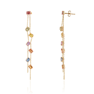 Pendientes Largos Colgantes de Oro Amarillo Real de 14K con Diseño Exquisito y Elegante, Bisel de Piñón y Cadena de Doble Eslabón con Múltiples Zafiros - Product Image 3
