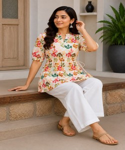 Women Floral <b>Printed</b> Rayon Vintage Quick Dry Kurta <b>White</b> <b>Palazzo</b> Pants Casual Ethnic India Pakistan Summer Loose Fit 86664 FVD- - Product Image 3