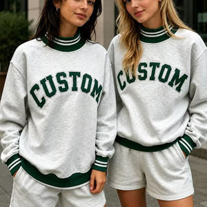 Sweat-shirt oversize à col montant brodé patchwork pour femme, en molleton de coton, pull personnalisé, ensemble confortable et décontracté - Product Image 1