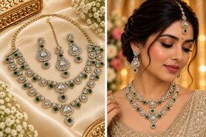 Ensemble collier et boucles d'oreilles en laiton plaqué or Kundan, bijoux de mariage inspirés des perles géométriques pour femmes - Product Image 4