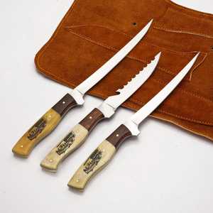 Custom Hand-Forged Stainless Steel 3. PCS Fillet <b>Knife</b> <b>Set</b> | Custom Bone Handle Hunting <b>Knife</b> with Brass Pins & Leather Cover - Product Image 1
