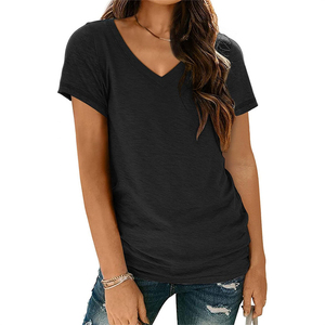 OEM/ODM Camiseta de punto de manga corta para mujer, de verano, moderna, con cuello en V, lisa, con estampado por transferencia térmica y bordado, anti-bolitas - Product Image 6
