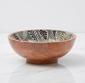 Bol à salade en bois fait main avec motif de feuilles noires à l'intérieur, bol rond pour servir les fruits, pour la maison et la table - Product Image 1