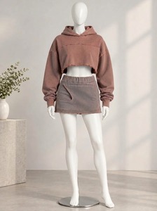 Women's <b>Purple</b> Cropped Hoodie and Skinny Mini Skirt Two-Piece Fleece Tracksuit Set Casual Washed - Product Image 2