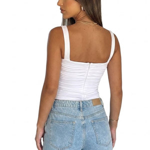 <b>Women's</b> <b>White</b> Ruched Square Neck <b>Tank</b> <b>Top</b> Casual Spandex Cotton Knitted Breathable Short Length Solid Color - Product Image 6