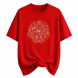 Meilleure Vente T-shirt Unisexe en Coton Épais avec Motif Lion en Strass Rouges Thermocollés, Style Streetwear - Product Image 1
