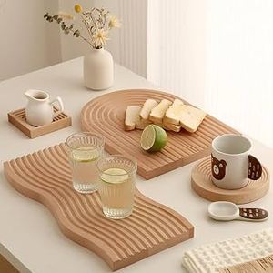 Plateau décoratif en bois de hêtre, forme irrégulière, design abstrait à ondulations, plateau minimaliste pour table de salle à manger - Product Image 2