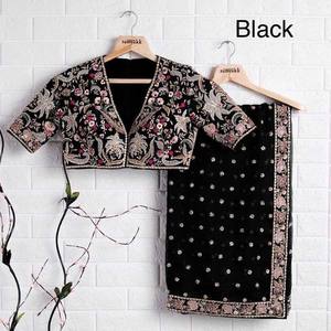 ผ้าส่าหรีดีไซน์ใหม่สุดหรู พร้อมเสื้อปักลายสีดำแบบยังไม่เย็บติด - Product Image 1