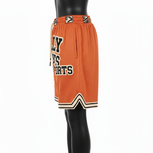 Pantalones Cortos de Baloncesto de Malla de Poliéster Premium de 160 GSM, Color Naranja, con Apliques de Chenille, Logotipo Personalizado y Bajo con Rayas - Product Image 3