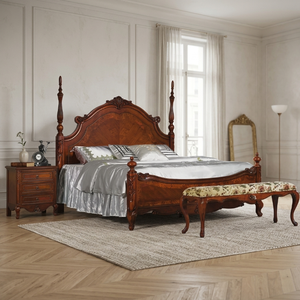 Lit King Size en Bois Massif de Luxe Personnalisé, Lit à Baldaquin Classique Français, Lit Capitonnée pour Suite Présidentielle de Villa ou d'Hôtel, OEM - Product Image 2