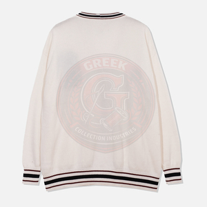 Cárdigan de punto blanco para hombre y mujer, estilo fraternidad griega, manga larga, color sólido, cierre de botones, ribete en contraste, suéter para hombre - Product Image 2
