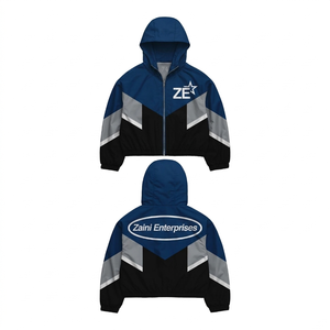 220 GSM Premium Polyester <b>Windbreaker</b> Jacket Blue Grey <b>Black</b> Chevron Panel Custom Heat Transfer Embroidery Logo - Product Image 1