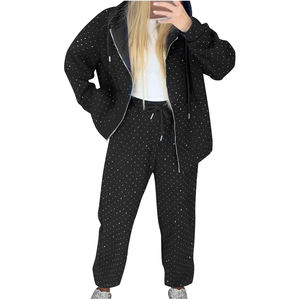 Ensemble de survêtement 2 pièces 100 % coton personnalisé, pantalon de jogging délavé à l'acide, effet empilé et vieilli, unisexe, avec strass - Product Image 1