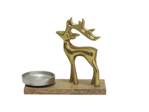 Porte-bougie décoratif en aluminium en forme de renne doré avec base en bois, centre de table de Noël - Product Image 4