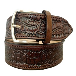 Cinturón de Cuero Clásico Marrón con Grabado Floral, Hebilla Grabada en Plata Antigua, Accesorios de Moda Retro, Cinturón de Cuero Estilo Western - Product Image 3