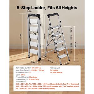 Portable Aluminum 5-<b>Step</b> Ladder with Anti-Slip Pedal and Comfort Handgrip Folding Wide <b>Stool</b> 330 Lbs Capacity - Product Image 2