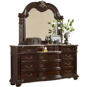 Mahogany <b>Panel</b> Bed features an upholstered <b>headboard</b> and intricate wood carvings with nightstands and mirrors for bedroom use - Product Image 4
