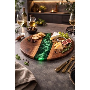 Plateau tournant rond en bois avec incrustation de marbre, design minimaliste fait main pour les plats et assiettes de fête - Product Image 5