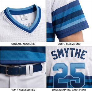Maillot de baseball rétro sublimé pour hommes, personnalisé OEM, col en V, rayé, anti-humidité, uniforme d'équipe des Blue Jays - Product Image 4