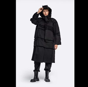 Men Black Hooded <b>Long</b> Hard Shell <b>Jacket</b> <b>Waterproof</b> Oversized Fit With Pockets Turtleneck Zip Closure Winter Outdoor Wear - Product Image 2