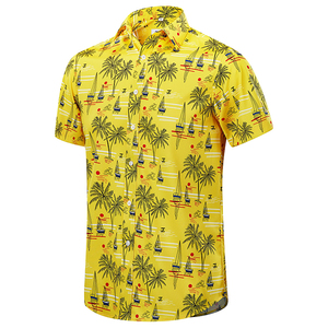 เสื้อเชิ้ตฮาวายสีเหลืองสำหรับผู้ชาย แขนสั้น ลายต้นปาล์มและเรือใบ ระบายอากาศได้ดี เหมาะสำหรับทำงาน วันหยุดพักผ่อน ฤดูร้อน ปกเสื้อแบบพับได้ - Product Image 1