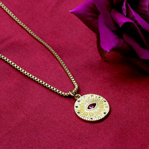 925 Sterling Silver Gold Plated Sunburst Evil Eye Pendant <b>Necklace</b> <b>Pink</b> CZ Medallion Box Chain Wholesale Jewelry - Product Image 4