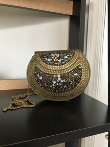 Bolso de metal estilo antiguo, bolso de mano con mosaico, bolso de metal con cadena de piedras multicolor colgante - Product Image 2