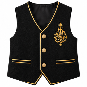 Boys White Thobe Black <b>Waistcoat</b> Set Gold Embroidery Islamic Ankle Length Thawb Jubba Kandura Arab Traditional Clothing Outfit - Product Image 2