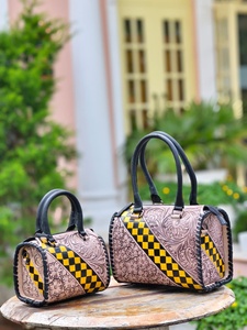 Beautiful Attractive Hand Tooled Florals Carved With Yellow Black Color Checkered Pattern 100% Genuine Leather Speedy Duffle Bag - Product Image 2