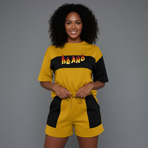 Conjunto Casual de 2 Piezas para Mujer, de Alta Calidad, Hombros Caídos, Estampado, 100% Algodón, Transpirable, Largo hasta la Rodilla - Product Image 1