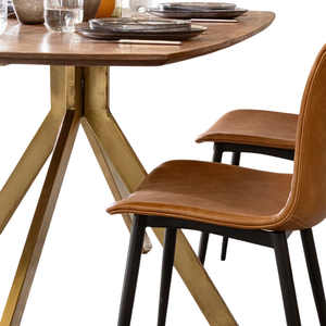 Table de salle à manger moderne pour la maison, couleur noyer, en bois de manguier massif, plateau incurvé, base en métal finition dorée, 6-8 places, cuisine, salle à manger - Product Image 4